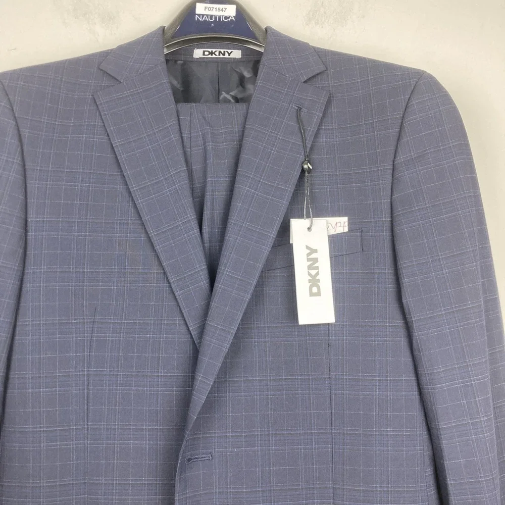 DKNY Mens Modern‎ fit 2-pc Suit Jacket 40L Navy Blue Solid Plaid Pants 35W 33L